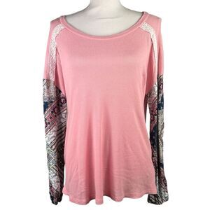 New Francesca’s Alya Pink Thermal Mixed Media Shirt Pullover Medium Boho Blush